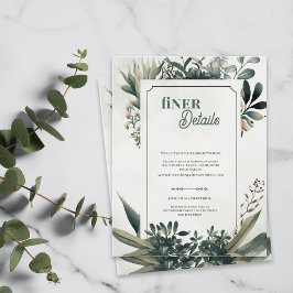 Elegante botanische groene bloemstukken fijne deta informatiekaartje