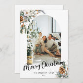 Elegante botanische groene boog & kerstfoto feestdagenkaart (Voorkant / Achterkant)