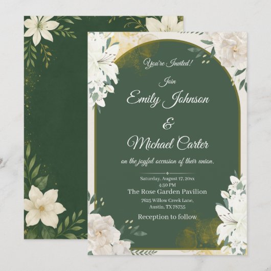 Elegante botanische groene en gouden bruiloft uitn kaart (Voorkant / Achterkant)
