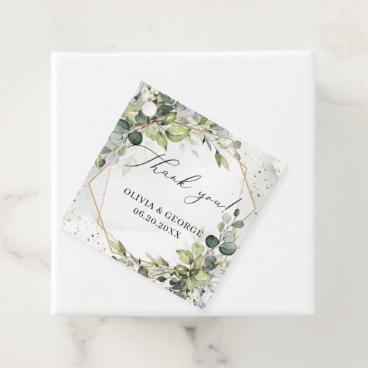 Elegante botanische groene eucalyptus goud geometr bedankjes labels (In situ)