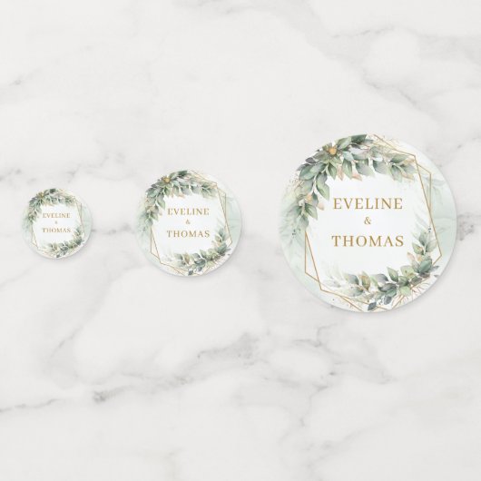 Elegante botanische groene eucalyptus gouden bruil confetti (Achterkanten)