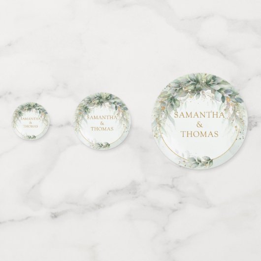 Elegante botanische groene eucalyptus gouden bruil confetti (Achterkanten)