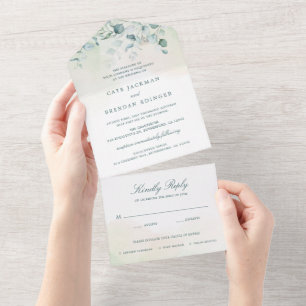 Elegante Botanische Groene Eucalyptus Huwelijk All In One Uitnodiging