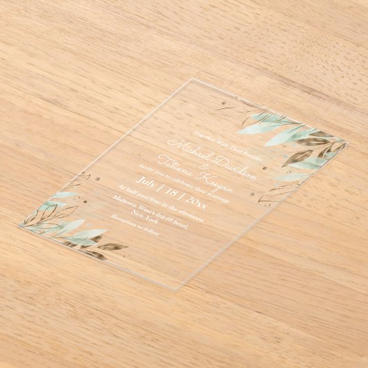 Elegante botanische groene gouden bladeren bruilof acryl uitnodigingen (Laagn)