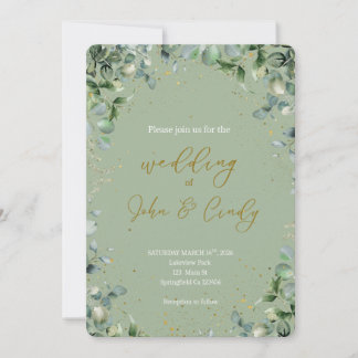 Elegante Botanische Groene & Gouden Stof Bruiloft Kaart