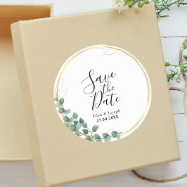 Elegante Botanische Groene Huwelijkskaart 'Save Th Ronde Sticker