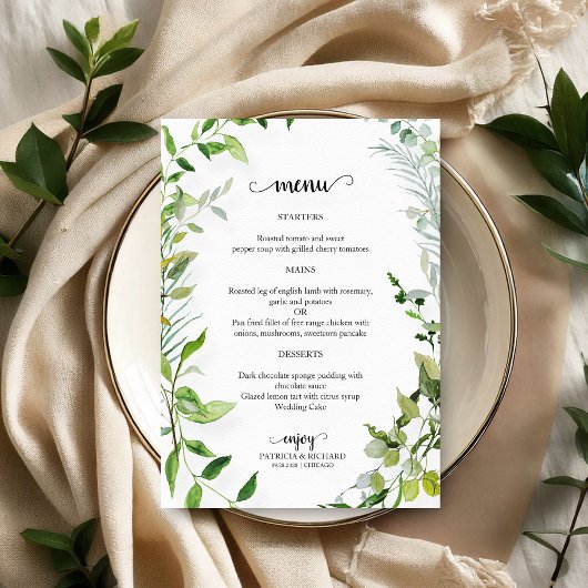 Elegante Botanische Groene Huwelijksmenu Menu