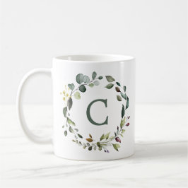 Elegante botanische groene krans monogram koffiemok