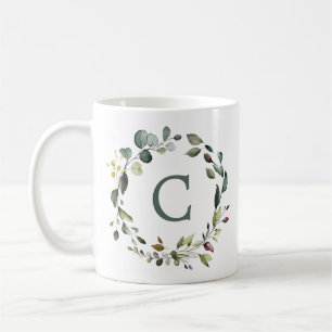 Elegante botanische groene krans monogram koffiemok