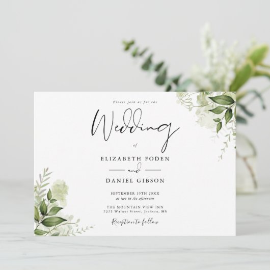 Elegante botanische groene monogram bruiloft kaart (Staand voorkant)