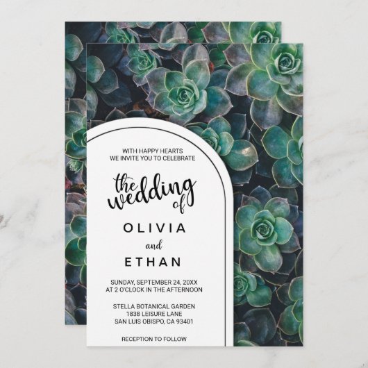 Elegante Botanische Groene Succulente Bloemenbruil Kaart (Voorkant / Achterkant)