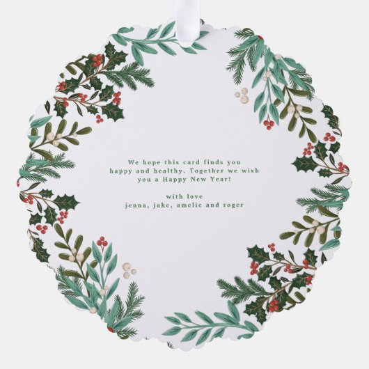 Elegante botanische groene vrolijke vakantiefoto ornament kaart (Achterkant)