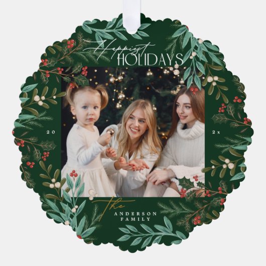 Elegante botanische groene vrolijke vakantiefoto ornament kaart (Voorkant)