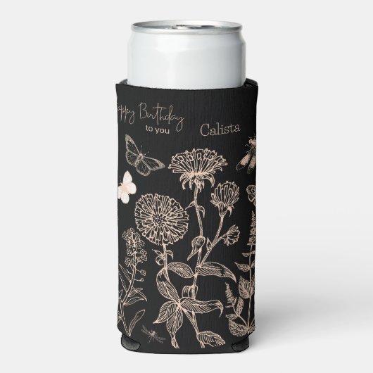 Elegante botanische "Happy Birthday" gepersonalise Seltzer Blikjeskoeler (Seltzer Voorkant)