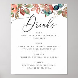 Elegante Botanische Herfst Bruiloft | Bar Drankjes Poster
