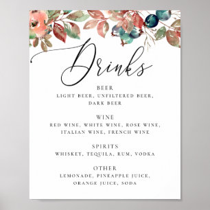 Elegante Botanische Herfst Bruiloft Bar Drankjes Poster