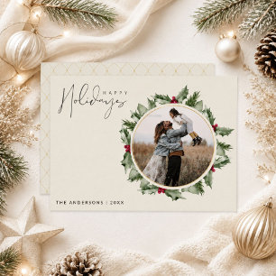 Elegante Botanische Hulstfamilie Foto Kerstmis Feestdagenkaart