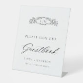 Elegante botanische kam monogram bruiloft gastenbo reclamebord met voetstuk (Voorkant)