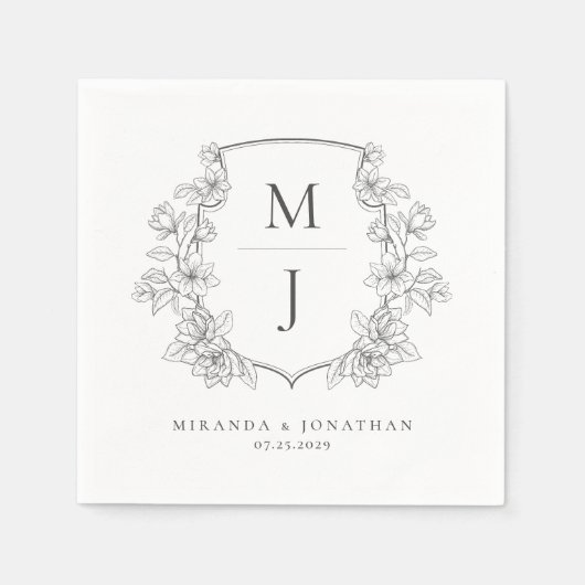 Elegante Botanische Kam Monogram Bruiloft Servet (Voorkant)