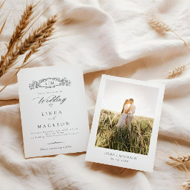 Elegante botanische kam monogram Foto Huwelijk Kaart