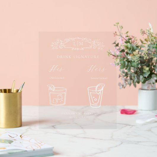 Elegante botanische kam monogram Signature Drink Acryl Bord (Huwelijk)