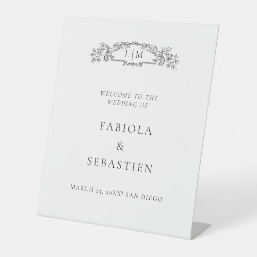 Elegante botanische kam monogram Welkomstbord Reclamebord Met Voetstuk (Voorkant)