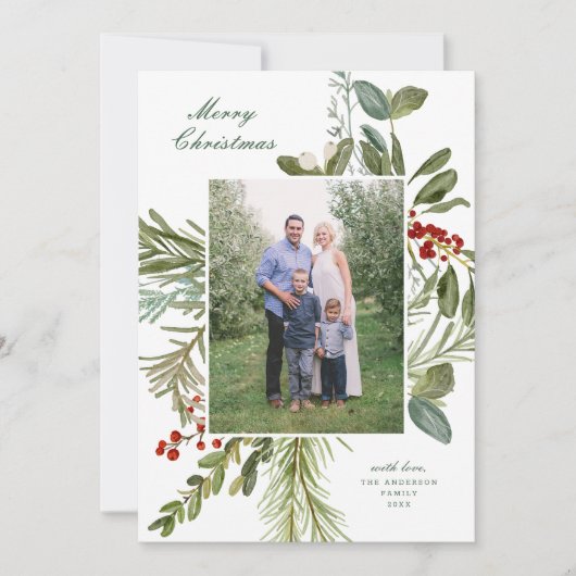 Elegante botanische kerstkaart met één foto in wat (Voorkant)