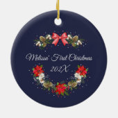 Elegante botanische kerstkrans eerste kerst keramisch ornament (Achterkant)