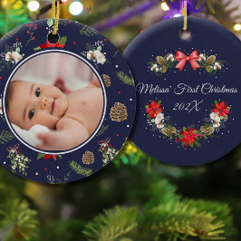 Elegante botanische kerstkrans eerste kerst keramisch ornament