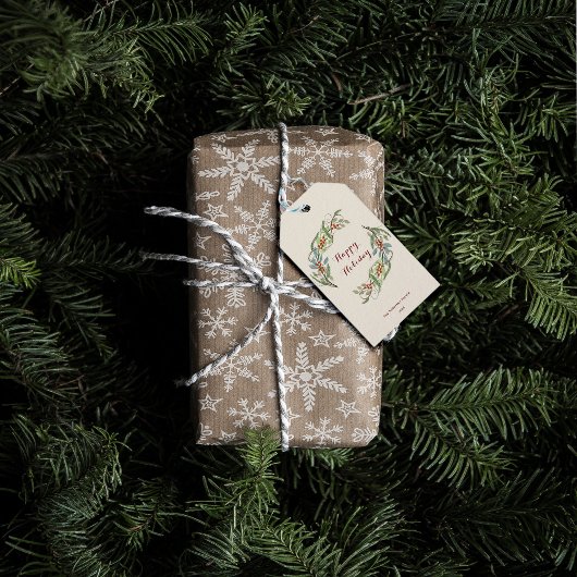 Elegante Botanische Kerstkrans Gelukkige Vakantie Cadeaulabel