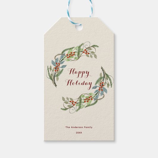 Elegante Botanische Kerstkrans Gelukkige Vakantie Cadeaulabel (Voorkant)