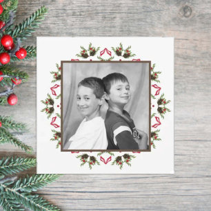 Elegante botanische krans moderne rode groene foto feestdagenkaart