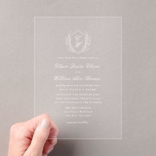 Elegante botanische krans monogram bruiloft acryl uitnodigingen