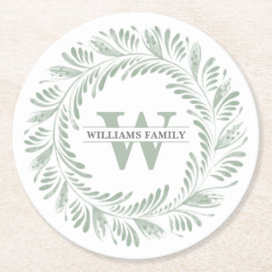 Elegante botanische krans monogram ronde kartonnen onderzetter