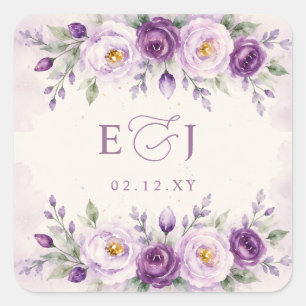 Elegante Botanische Lavendel Paarse Bloemige Bruil Vierkante Sticker