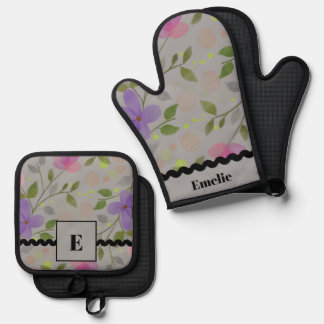 Elegante Botanische lente bloemengrijze achtergron Ovenwant & Pannenlap Set