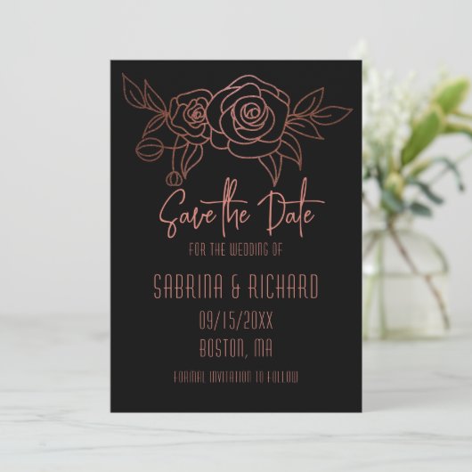 Elegante botanische lijnkunstboeket roze goud zwar save the date (Staand voorkant)