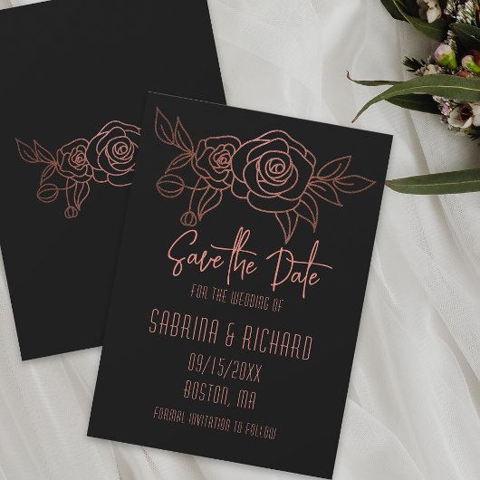 Elegante botanische lijnkunstboeket roze goud zwar save the date
