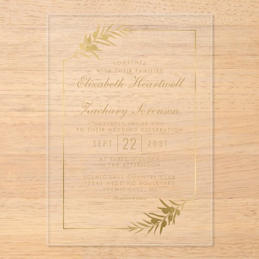 Elegante botanische Lijst gouden bruiloft Acryl Uitnodigingen (Voorkant)