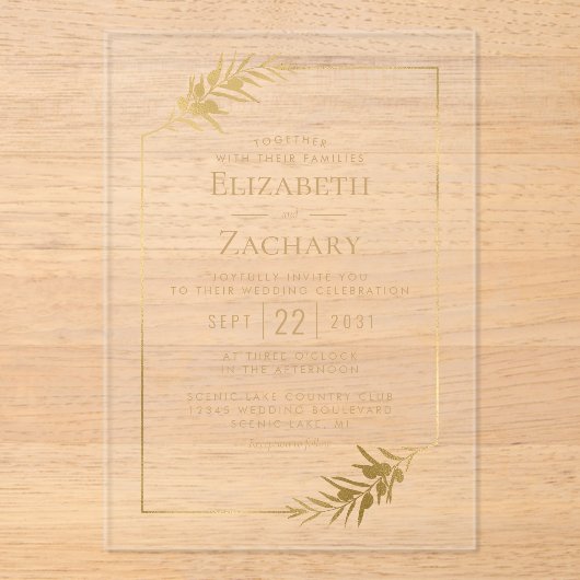 Elegante botanische Lijst gouden bruiloft Acryl Uitnodigingen (Voorkant)