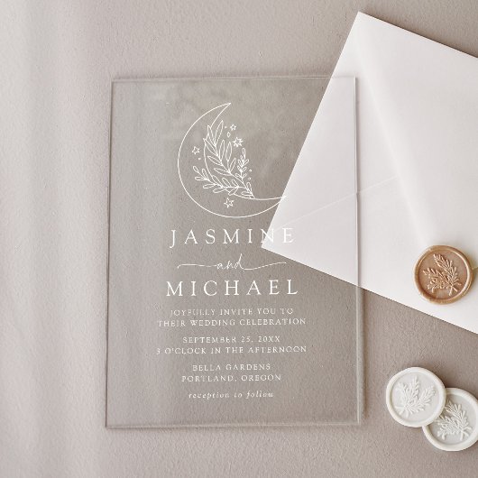 Elegante Botanische Maan en Sterren Bruiloft Acryl Uitnodigingen