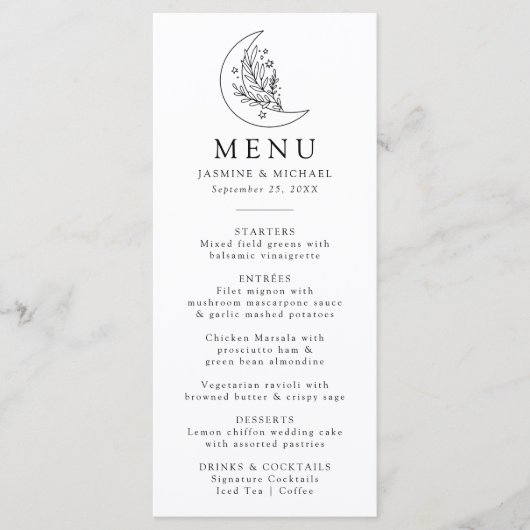 Elegante Botanische Maan en Sterren Bruiloft Menu (Voorkant)
