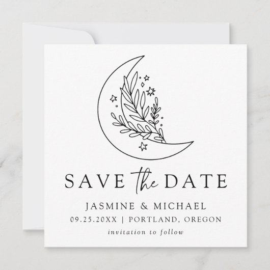 Elegante Botanische Maan en Sterren Bruiloft Save The Date (Voorkant)