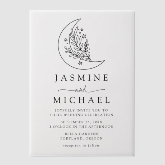 Elegante Botanische Maan en Sterren Bruiloft Vellum Uitnodigingen (Voorkant)