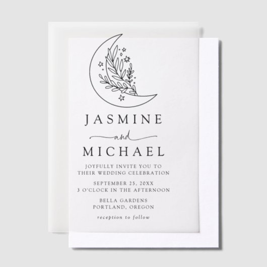 Elegante Botanische Maan en Sterren Bruiloft Vellum Uitnodigingen (Offset)