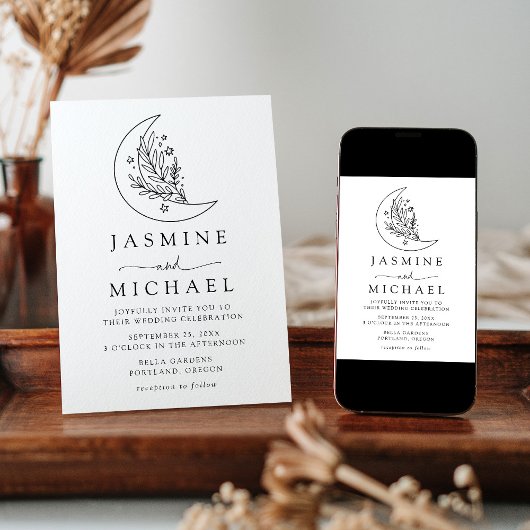 Elegante Botanische Maan en Sterren Foto Bruiloft Kaart