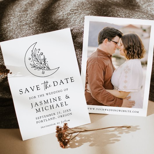 Elegante Botanische Maan en Sterren Foto Save The Date