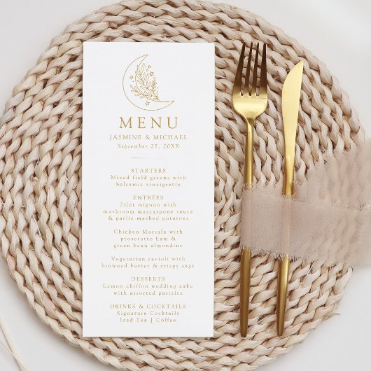 Elegante Botanische Maan en Sterren Gouden Huwelij Menu