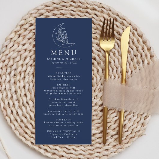 Elegante Botanische Maan en Sterren Marine Bruilof Menu