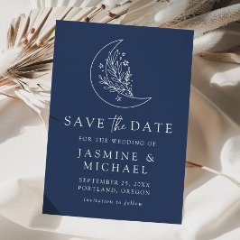 Elegante Botanische Maan en Sterren Marine Bruilof Save The Date